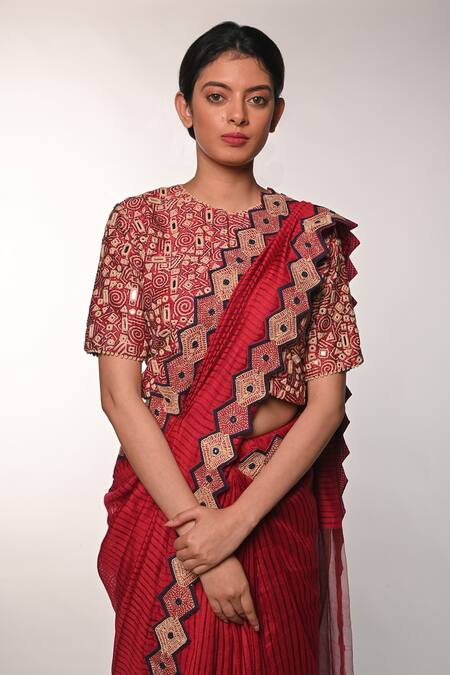 Shop_Soumodeep Dutta_Red Handloom Cotton, Silk Mirrors, Embroidery Woven Stripe Saree With Blouse_Online_at_Aza_Fashions