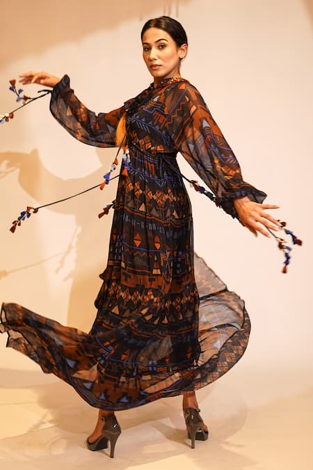Nikita Mhaisalkar Blue Chiffon Tassels Bandeau Neck Aztec Print Maxi Dress Online at Aza Fashions Nikita Mhaisalkar_Blue Chiffon Tassels Bandeau Neck Aztec Print Maxi Dress _Online_at_Aza_Fashions