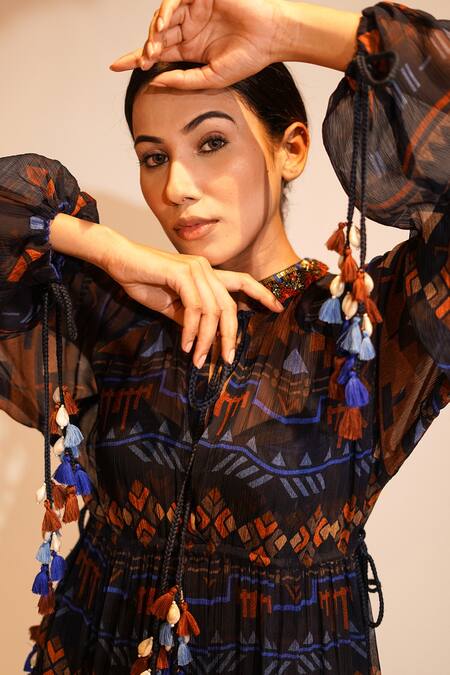 Buy Nikita Mhaisalkar Blue Chiffon Tassels Bandeau Neck Aztec Print Maxi Dress Online at Aza Fashions Buy_Nikita Mhaisalkar_Blue Chiffon Tassels Bandeau Neck Aztec Print Maxi Dress _Online_at_Aza_Fashions