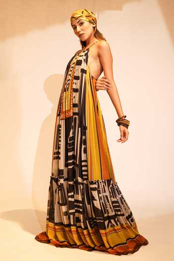 Nikita Mhaisalkar Black Georgette Round Neck Aztec Print Flared Dress Online at Aza Fashions Nikita Mhaisalkar_Black Georgette Round Neck Aztec Print Flared Dress _Online_at_Aza_Fashions