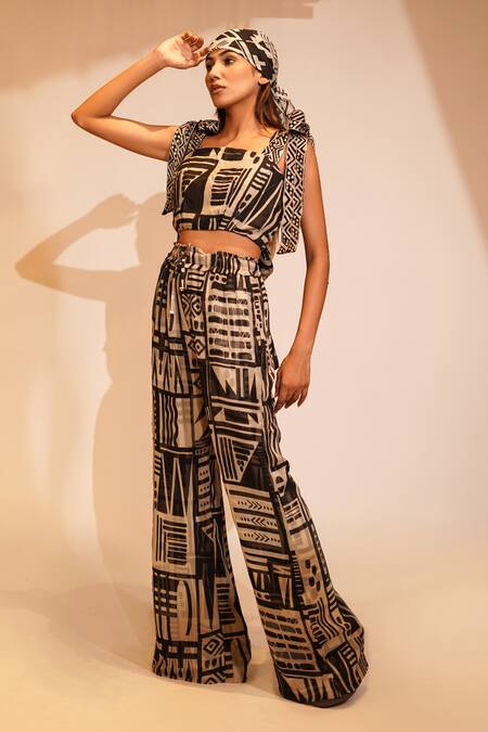 Shop Nikita Mhaisalkar Black Silk Embroidery Square Neck Aztec Print And Embellished Crop Top Online at Aza Fashions Shop_Nikita Mhaisalkar_Black Silk Embroidery Square Neck Aztec Print And Embellished Crop Top _Online_at_Aza_Fashions