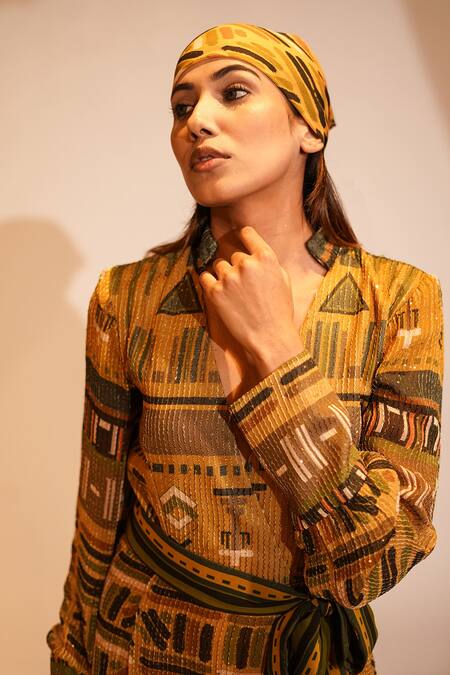 Nikita Mhaisalkar Yellow Georgette Sequins Collared Aztec Print Ruffle Maxi Dress With Belt Online at Aza Fashions Nikita Mhaisalkar_Yellow Georgette Sequins Collared Aztec Print Ruffle Maxi Dress With Belt _Online_at_Aza_Fashions