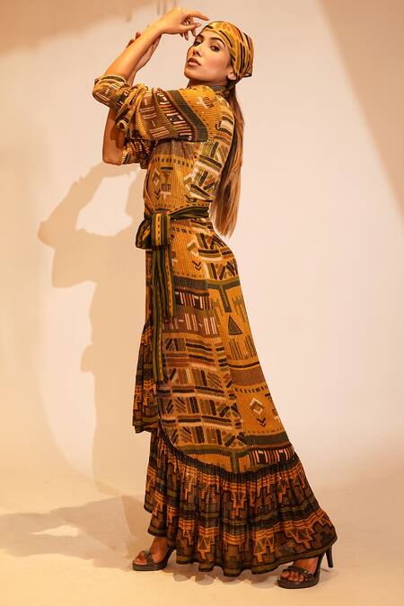 Shop Nikita Mhaisalkar Yellow Georgette Sequins Collared Aztec Print Ruffle Maxi Dress With Belt Online at Aza Fashions Shop_Nikita Mhaisalkar_Yellow Georgette Sequins Collared Aztec Print Ruffle Maxi Dress With Belt _Online_at_Aza_Fashions