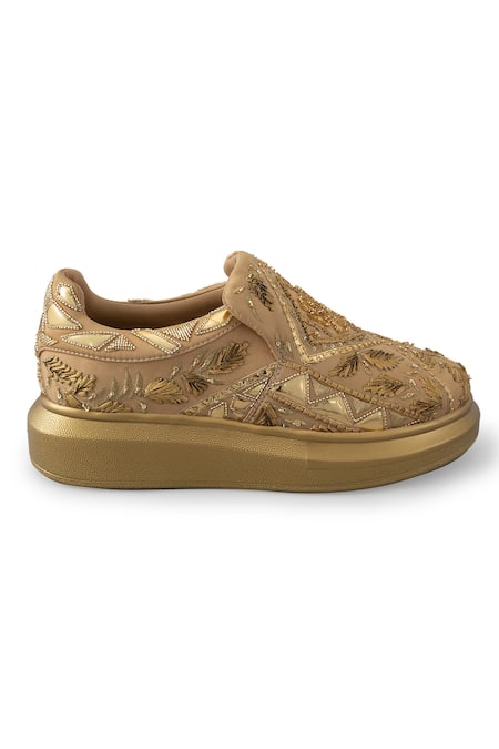 Shop_Anaar_Gold Honeybee Gota Embroidered Sneakers _Online_at_Aza_Fashions