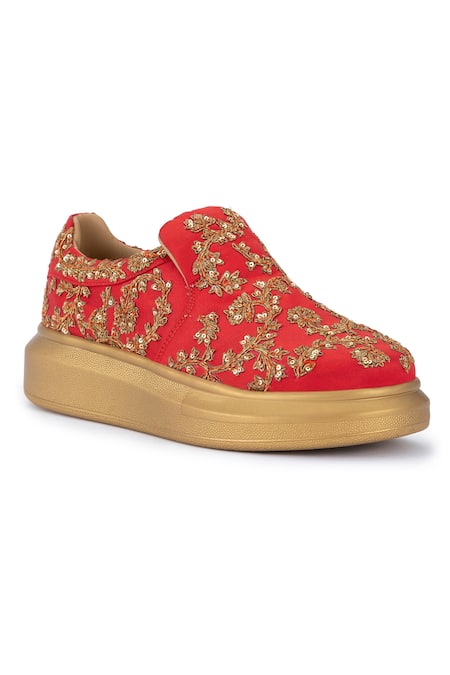 Buy_Anaar_Red Floral Embroidered Sneakers _Online_at_Aza_Fashions