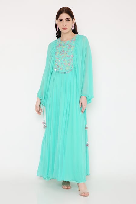 Bha Sha Blue Georgette, Net Embroidery Round Neck Anita Yoke Anarkali With Dupatta Online at Aza Fashions Bha Sha_Blue Georgette, Net Embroidery Round Neck Anita Yoke Anarkali With Dupatta _Online_at_Aza_Fashions