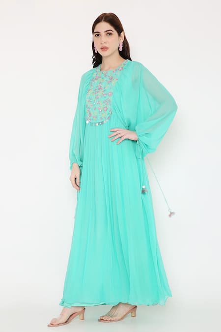 Buy Bha Sha Blue Georgette, Net Embroidery Round Neck Anita Yoke Anarkali With Dupatta Online at Aza Fashions Buy_Bha Sha_Blue Georgette, Net Embroidery Round Neck Anita Yoke Anarkali With Dupatta _Online_at_Aza_Fashions