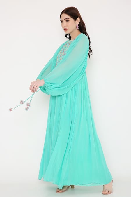 Shop Bha Sha Blue Georgette, Net Embroidery Round Neck Anita Yoke Anarkali With Dupatta Online at Aza Fashions Shop_Bha Sha_Blue Georgette, Net Embroidery Round Neck Anita Yoke Anarkali With Dupatta _Online_at_Aza_Fashions