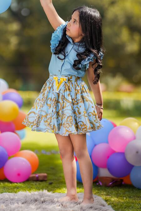 The Pony & Peony Co._Blue Cotton Solid Blouse And Digital Printed Skirt _Online_at_Aza_Fashions