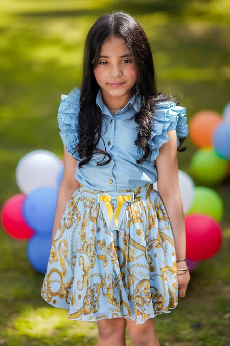 Buy_The Pony & Peony Co._Blue Cotton Solid Blouse And Digital Printed Skirt _Online_at_Aza_Fashions