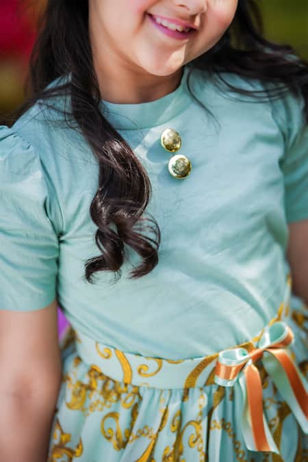 The Pony & Peony Co._Blue Cotton Bows Ruched Sleeve Top And Flowy Skirt _Online_at_Aza_Fashions
