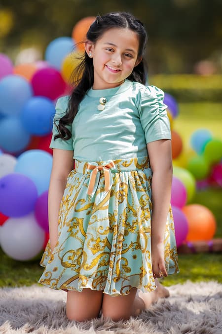 Buy_The Pony & Peony Co._Blue Cotton Bows Ruched Sleeve Top And Flowy Skirt _Online_at_Aza_Fashions