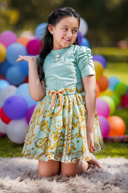 Shop_The Pony & Peony Co._Blue Cotton Bows Ruched Sleeve Top And Flowy Skirt _Online_at_Aza_Fashions