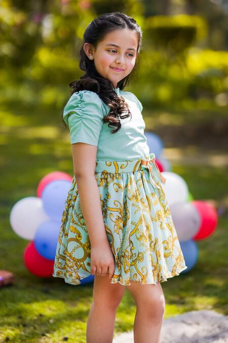 The Pony & Peony Co._Blue Cotton Bows Ruched Sleeve Top And Flowy Skirt _at_Aza_Fashions