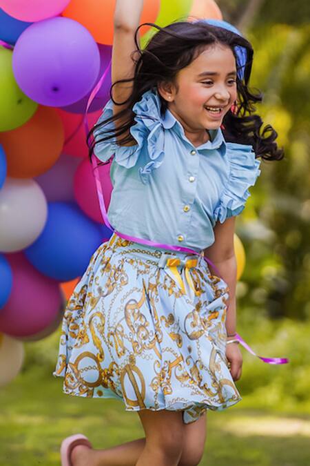 Shop_The Pony & Peony Co._Blue Cotton Solid Blouse And Digital Printed Skirt _Online_at_Aza_Fashions