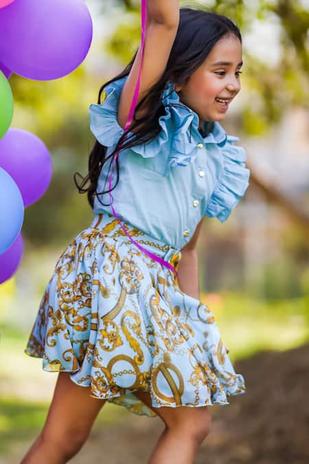 The Pony & Peony Co._Blue Cotton Solid Blouse And Digital Printed Skirt _at_Aza_Fashions