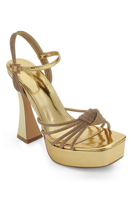 Anaar_Gold Rhinestones Lovers Knot Platform Heels_Online_at_Aza_Fashions