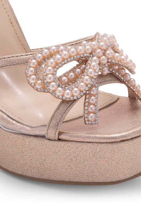 Shop Anaar Gold Rhinestones, Bows Queen Street Pearl Embellished Heels Online at Aza Fashions Shop_Anaar_Gold Rhinestones, Bows Queen Street Pearl Embellished Heels_Online_at_Aza_Fashions