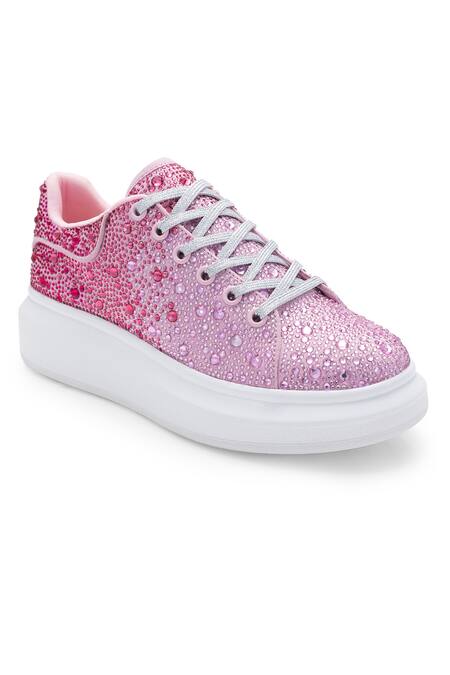Anaar_Pink Rhinestones Sorbet Embellished Sneaker Wedges_Online_at_Aza_Fashions