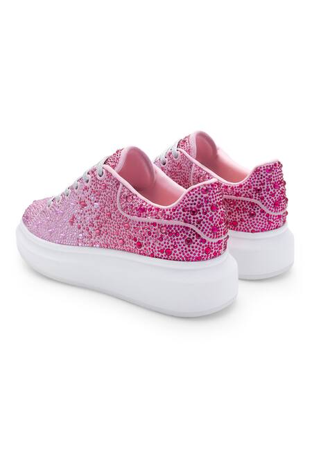 Anaar_Pink Rhinestones Sorbet Embellished Sneaker Wedges_at_Aza_Fashions