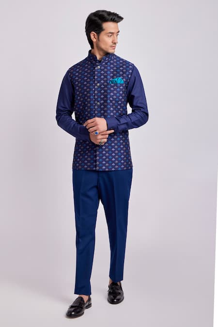 Buy Bubber Couture Blue Silk Embroidery Cobalt Motif Print Bundi Jacket Online at Aza Fashions Buy_Bubber Couture_Blue Silk Embroidery Cobalt Motif Print Bundi Jacket _Online_at_Aza_Fashions