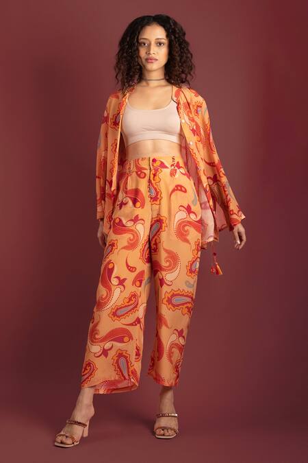 Style Junkiie_Beige Crepe Paisley Desert Sand Cropped Trouser _Online_at_Aza_Fashions