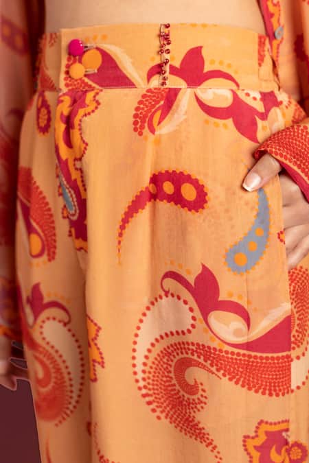 Style Junkiie_Beige Crepe Paisley Desert Sand Cropped Trouser _at_Aza_Fashions