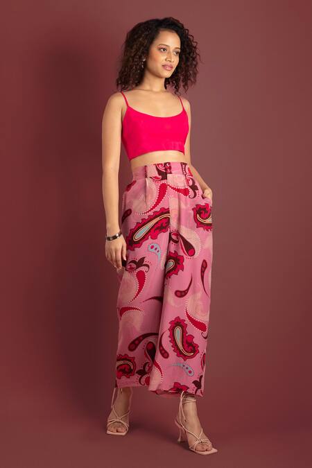 Style Junkiie_Pink Crepe Sequins Sorbet Paisley Cropped Trouser _Online_at_Aza_Fashions