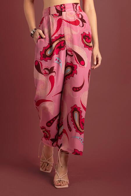 Buy_Style Junkiie_Pink Crepe Sequins Sorbet Paisley Cropped Trouser _Online_at_Aza_Fashions
