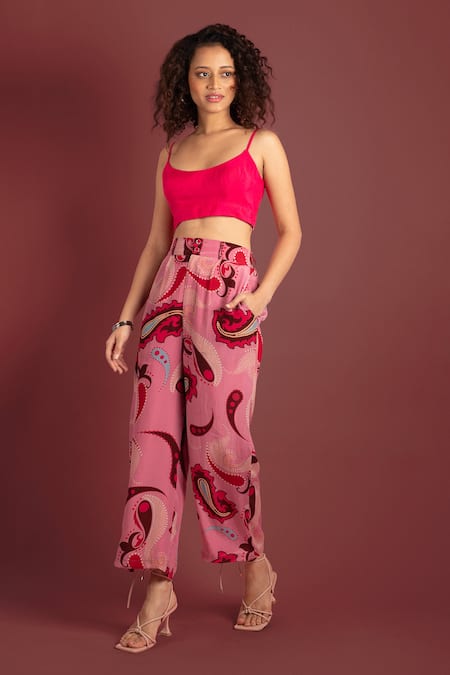 Shop_Style Junkiie_Pink Crepe Sequins Sorbet Paisley Cropped Trouser _Online_at_Aza_Fashions