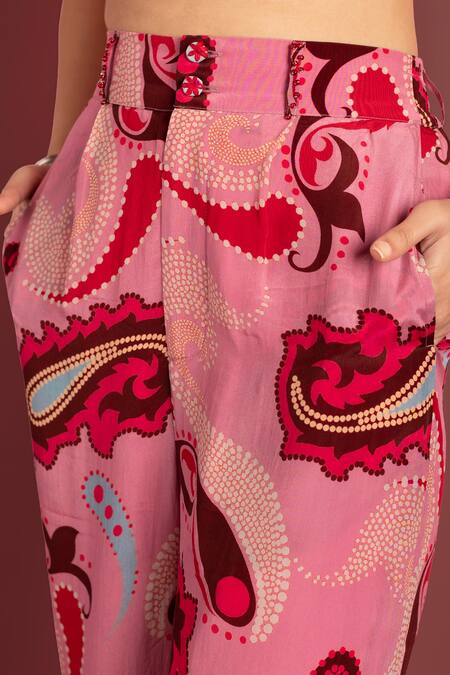 Style Junkiie_Pink Crepe Sequins Sorbet Paisley Cropped Trouser _at_Aza_Fashions