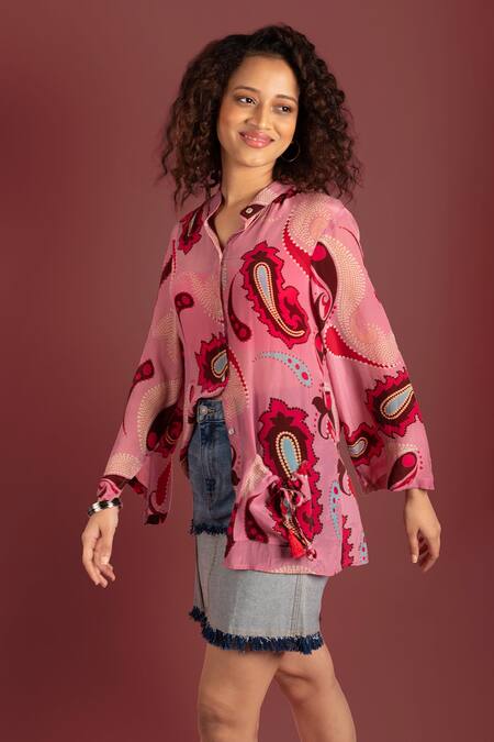 Style Junkiie_Pink Crepe Patchwork Mandarin Collar Sorbet Paisley Shirt _Online_at_Aza_Fashions