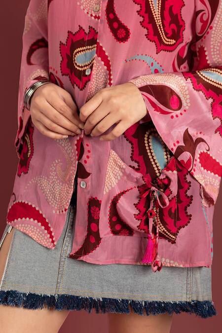 Buy_Style Junkiie_Pink Crepe Patchwork Mandarin Collar Sorbet Paisley Shirt _Online_at_Aza_Fashions
