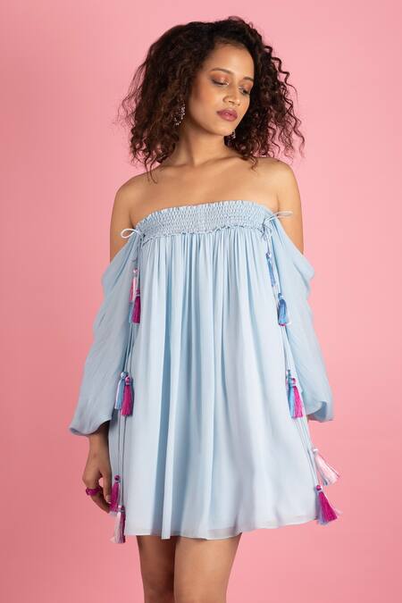 Style Junkiie Blue Crepe Tassels One Shoulder Smocked Off Dress Online at Aza Fashions Style Junkiie_Blue Crepe Tassels One Shoulder Smocked Off Dress _Online_at_Aza_Fashions
