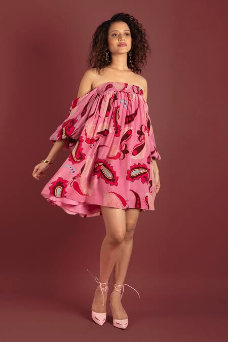 Style Junkiie_Pink Crepe Off-shoulder Sorbet Paisley Off Dress _Online_at_Aza_Fashions
