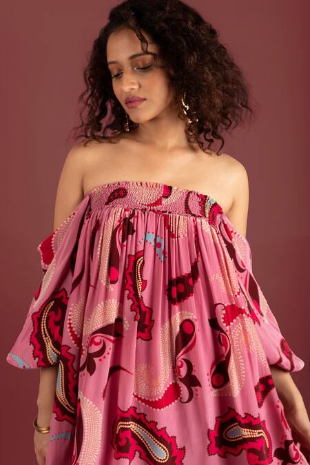 Style Junkiie_Pink Crepe Off-shoulder Sorbet Paisley Off Dress _at_Aza_Fashions