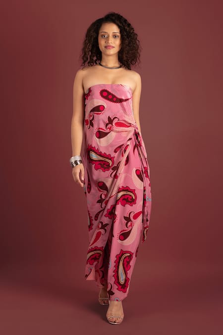 Style Junkiie_Pink Crepe Square Neck Sorbet Paisley Wrap Knotted Jumpsuit _Online_at_Aza_Fashions