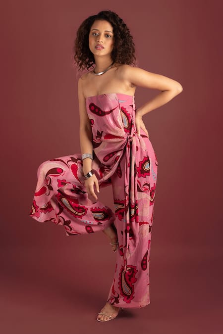 Buy_Style Junkiie_Pink Crepe Square Neck Sorbet Paisley Wrap Knotted Jumpsuit _Online_at_Aza_Fashions