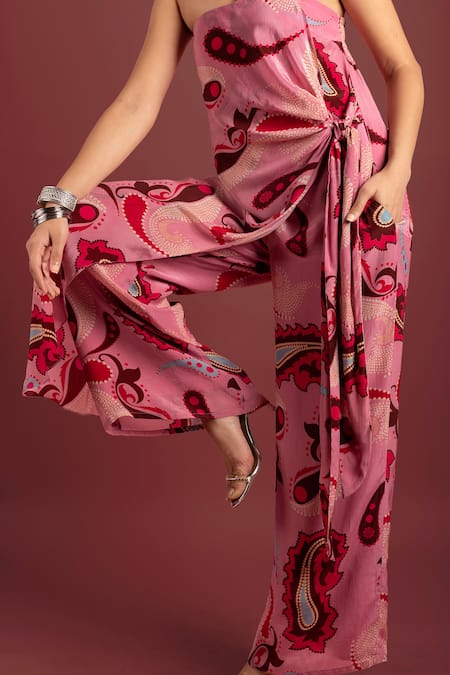 Shop_Style Junkiie_Pink Crepe Square Neck Sorbet Paisley Wrap Knotted Jumpsuit _Online_at_Aza_Fashions