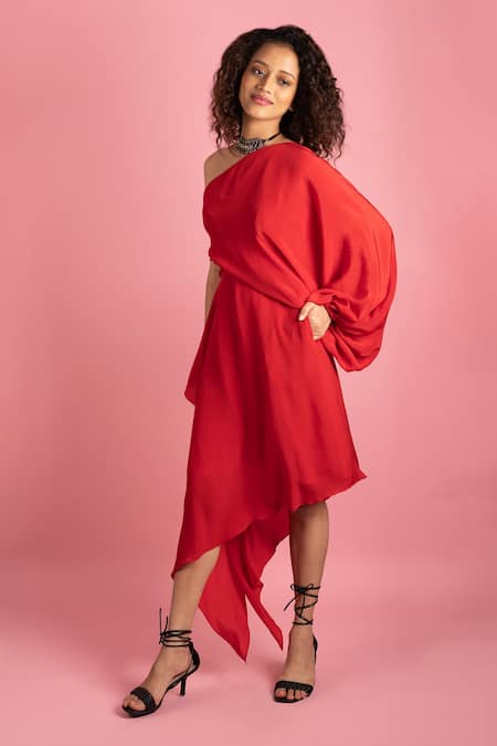 Buy_Style Junkiie_Red Crepe One Shoulder Midi Dress _Online_at_Aza_Fashions