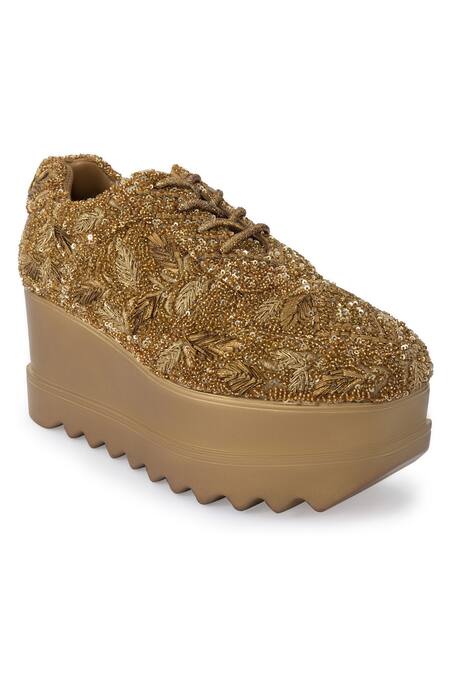 Buy_Anaar_Gold Gota Embroidered Sneaker Wedges _Online_at_Aza_Fashions