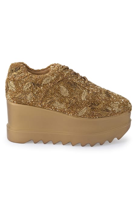 Shop_Anaar_Gold Gota Embroidered Sneaker Wedges _Online_at_Aza_Fashions