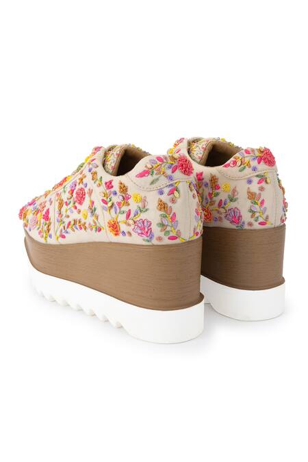 Anaar_Multi Color Corsage Signature Embroidered Sneaker Wedges _at_Aza_Fashions