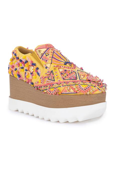 Buy_Anaar_Yellow Kaleidoscope Embroidered Sneaker Wedges _Online_at_Aza_Fashions