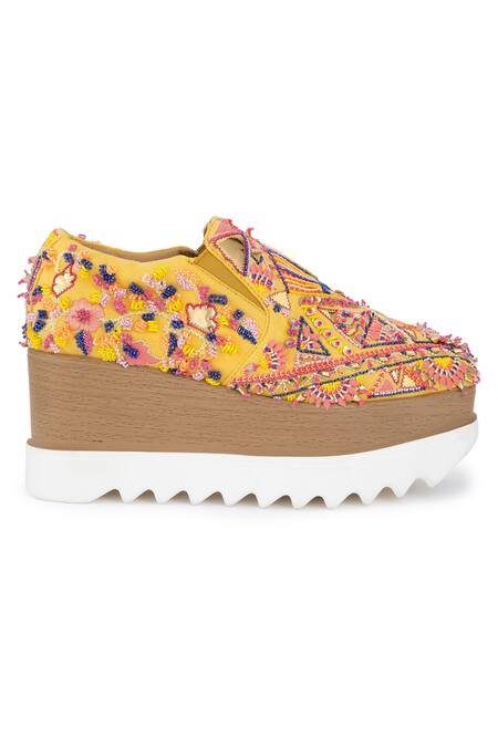 Shop_Anaar_Yellow Kaleidoscope Embroidered Sneaker Wedges _Online_at_Aza_Fashions