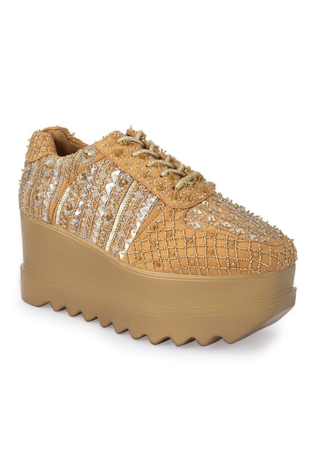 Buy_Anaar_Gold Goldilocks Embroidered Sneaker Wedges _Online_at_Aza_Fashions