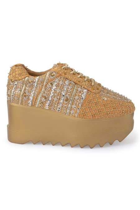 Shop_Anaar_Gold Goldilocks Embroidered Sneaker Wedges _Online_at_Aza_Fashions