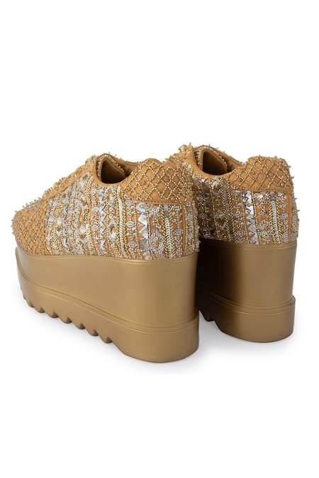 Anaar_Gold Goldilocks Embroidered Sneaker Wedges _at_Aza_Fashions