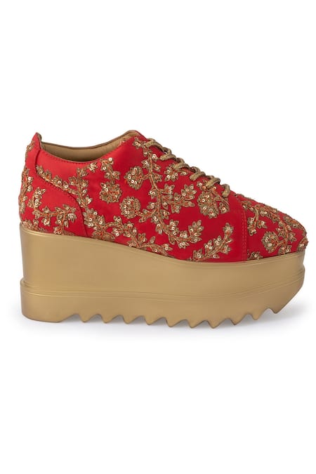 Shop_Anaar_Red Embroidery, Sequins Heirloom Signature Sneaker Wedges _Online_at_Aza_Fashions