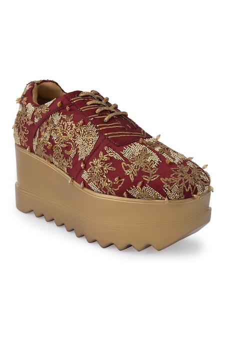 Buy_Anaar_Maroon Autumn Song Embellished Sneaker Wedges _Online_at_Aza_Fashions